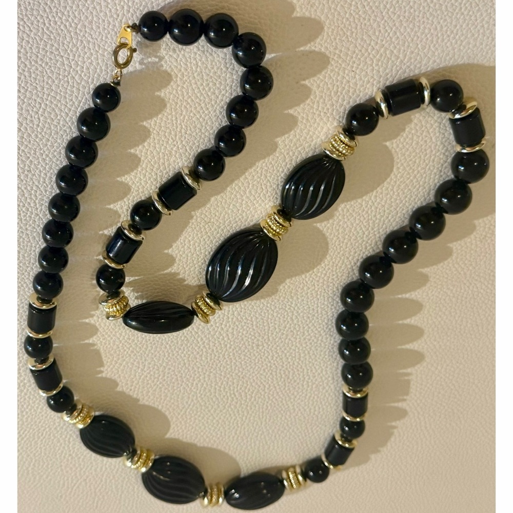 Vintage Blue Beaded Statement Necklace Gold Spacers Chunky Retro Beads